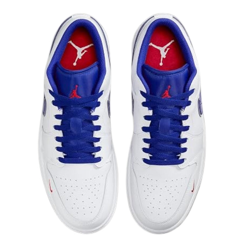 A pair of white low-top sneakers viewed