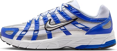 A Nike running shoe in white, blue, 