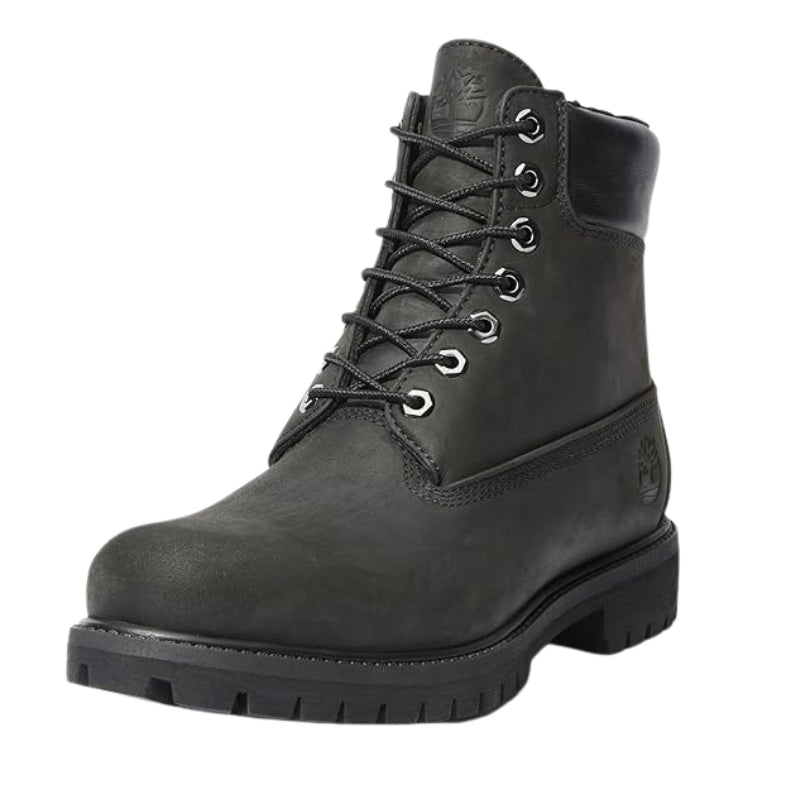 A dark gray Timberland lace-up boot 