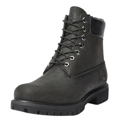 A dark gray Timberland lace-up boot 