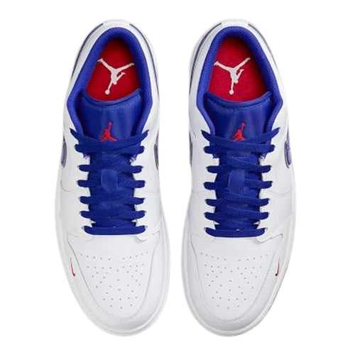A pair of white low-top sneakers viewed 