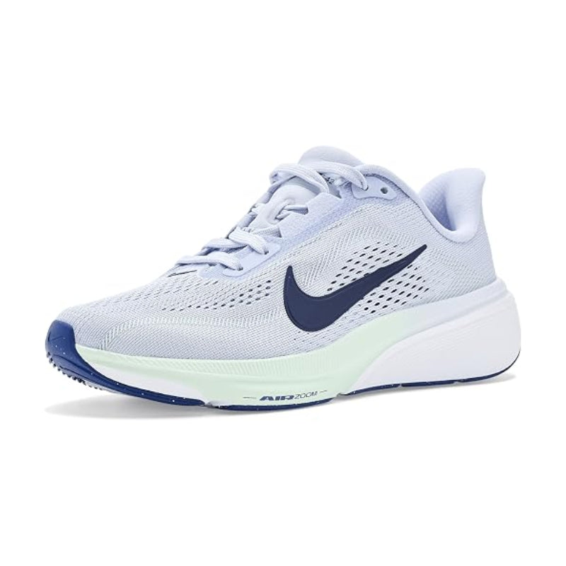 A Nike running shoe in light blue and white with a navy blue Swoosh logo, shown from a side profile on a white background.