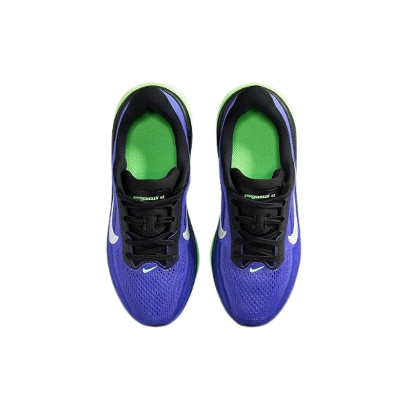 A pair of Nike running shoes in a vibrant blue and black colorway with bright green accents on the lining and midsole, shown from a top-down view on a white background.