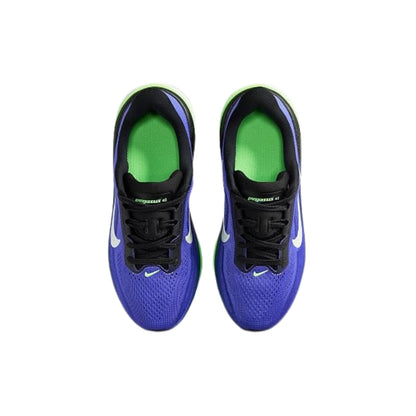 A pair of Nike running shoes in a vibrant blue and black colorway with bright green accents on the lining and midsole, shown from a top-down view on a white background.